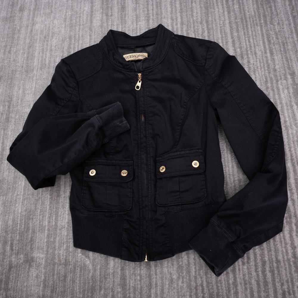 Guess Jeans Bomber Jacket Women Medium Black Good Full Zip Pockets Y8488600